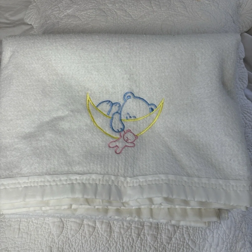 Vintage White Polyester Baby Blanket Teddy Moon 40x40